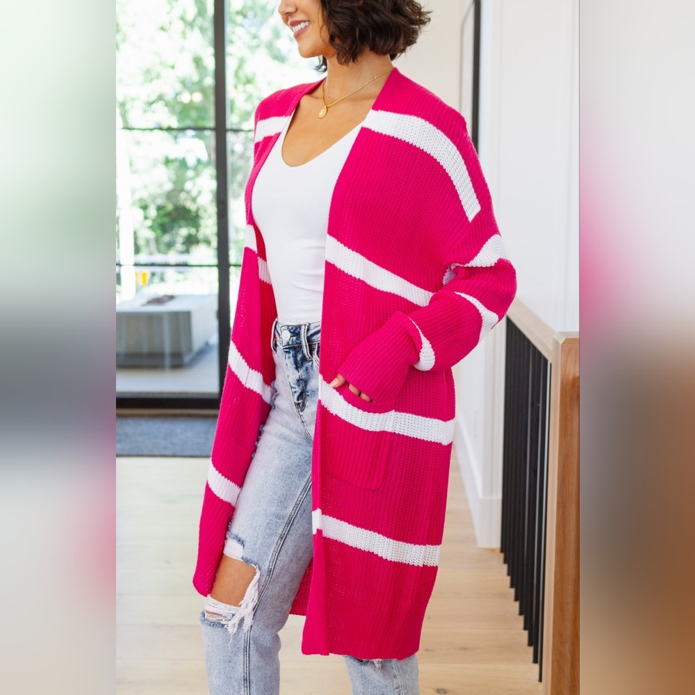 New! Cozy Pink Striped Knit Cardigan